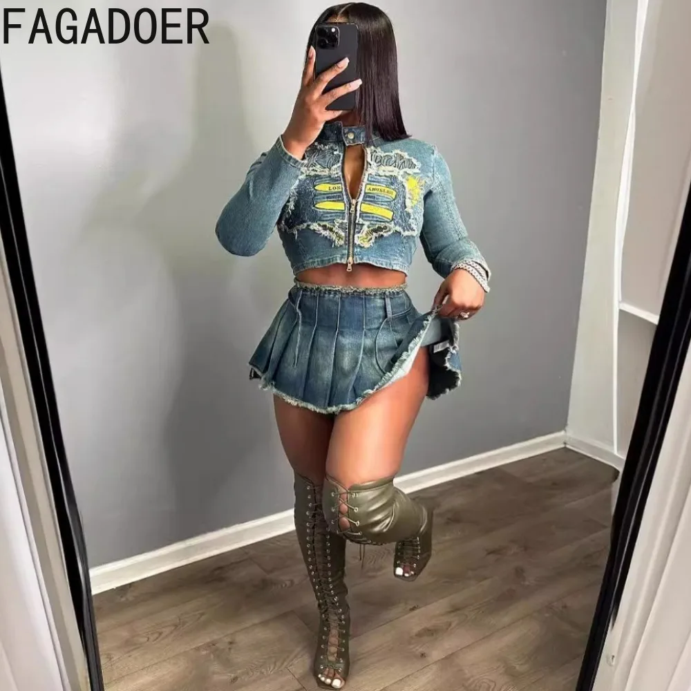 FAGADOER Retro Fashion Y2K Denim Embroidery Two Piece Sets Women Zipper Long Sleeve Crop Top And Pleated Mini Skirt Outfits 2024