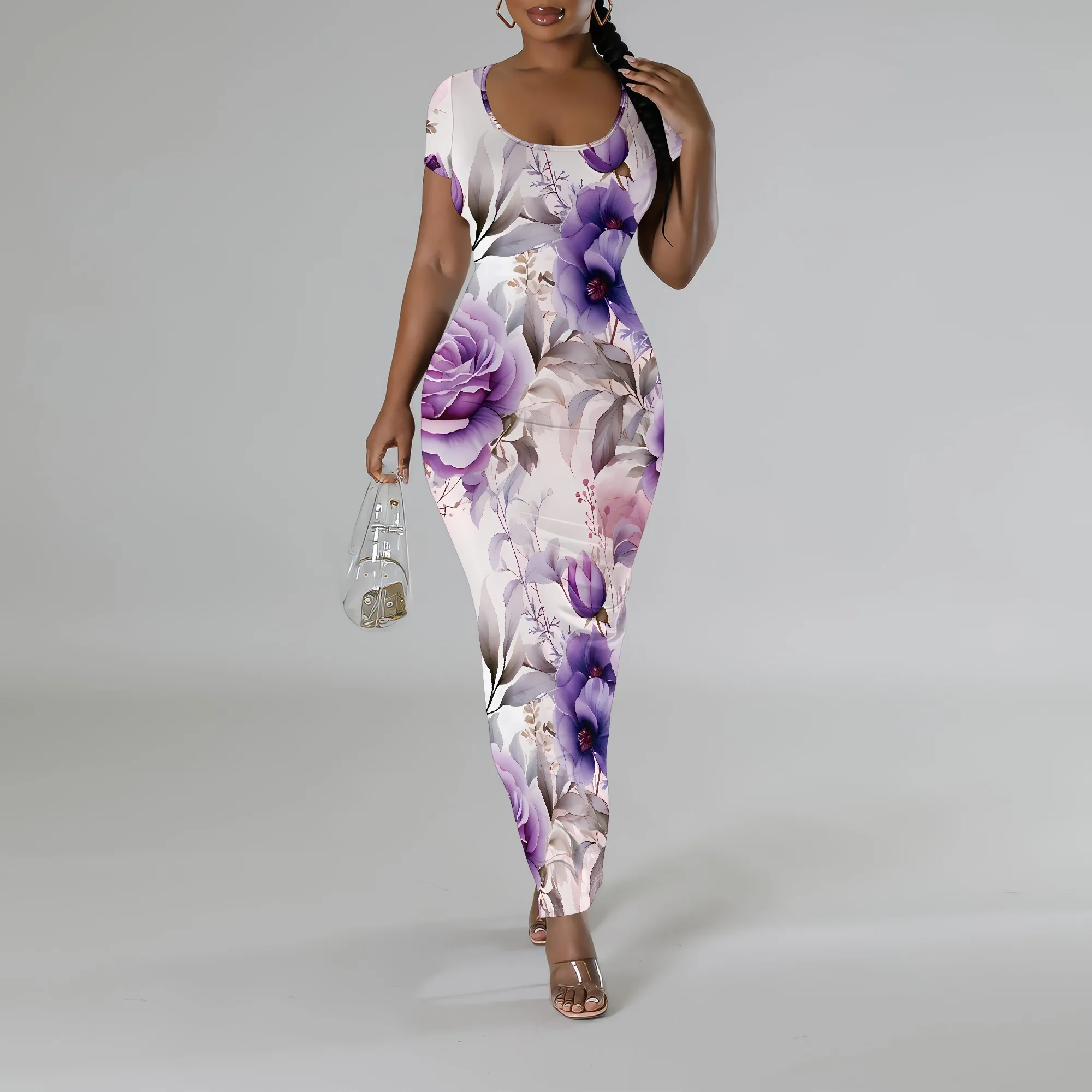 

SheFirstStyle Purple Floral Print Bodycon Dress Women’s Short Sleeve Elegant Summer Maxi Dress