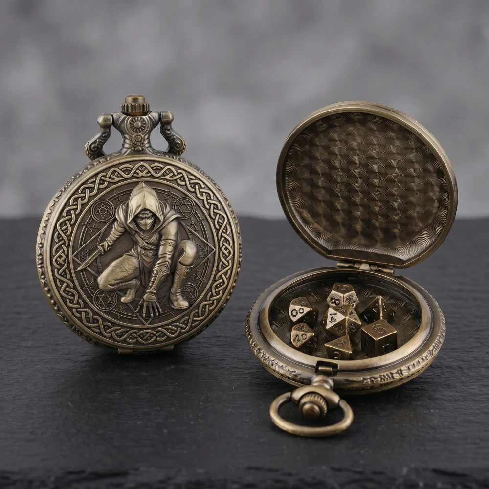 Pocket Watch Dice Set Metal Dice Box with Mini Polyhedral Metal Dice for Dungeons & Dragons Pocket Watch Case DND Dices