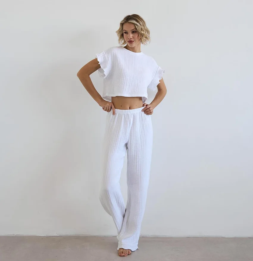 

2025 Summer New Cotton Solid Color Women's Suit Ruffle Short Sleeve Top + Pants 2-piece Set Loose Casual Women's Home Clothes