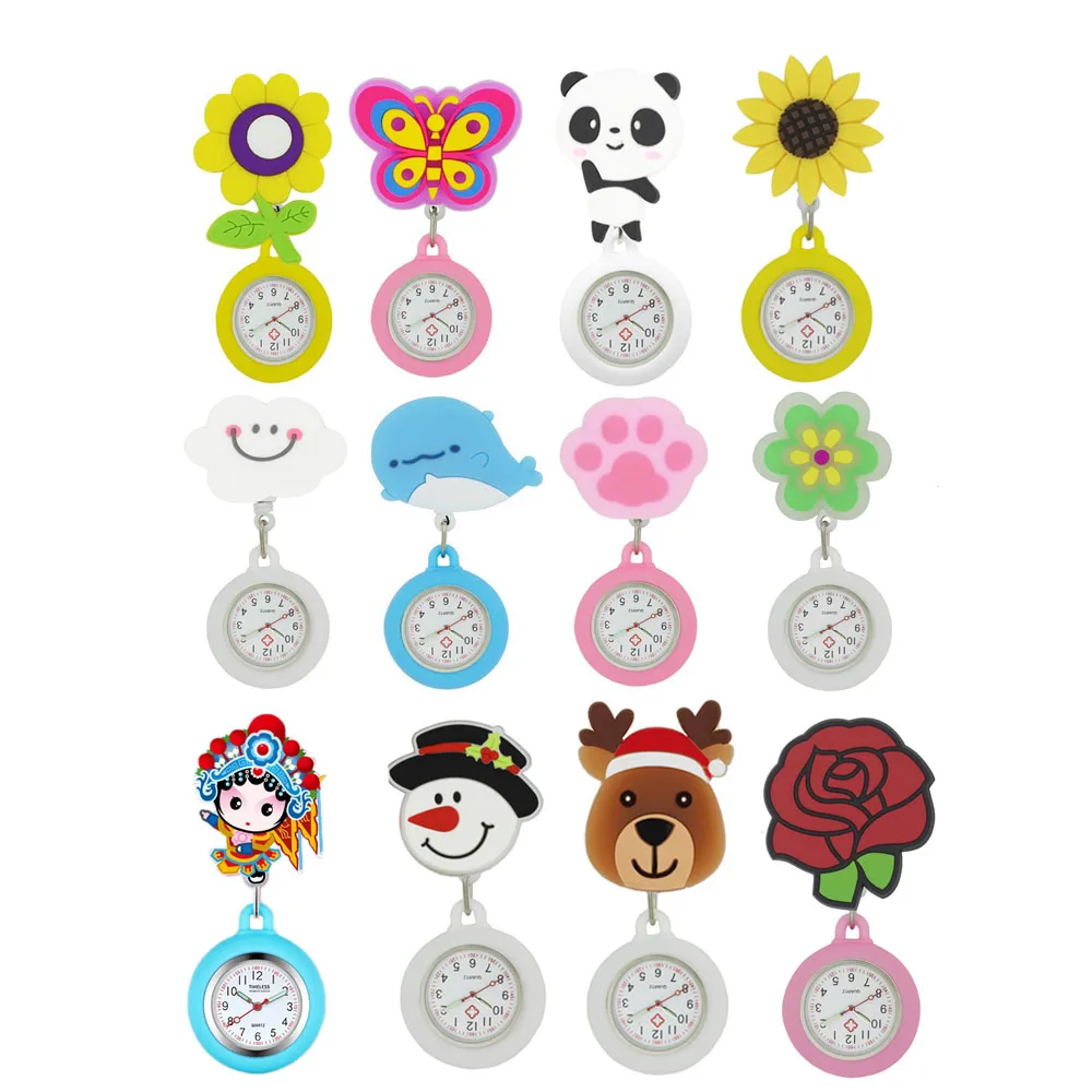 

12PCS Retractable Watch For Kids Nurses Doctors Panda Butterfly Cartoon Design Clip-on Hanging Fob Pocket Watch Christmas Gifts