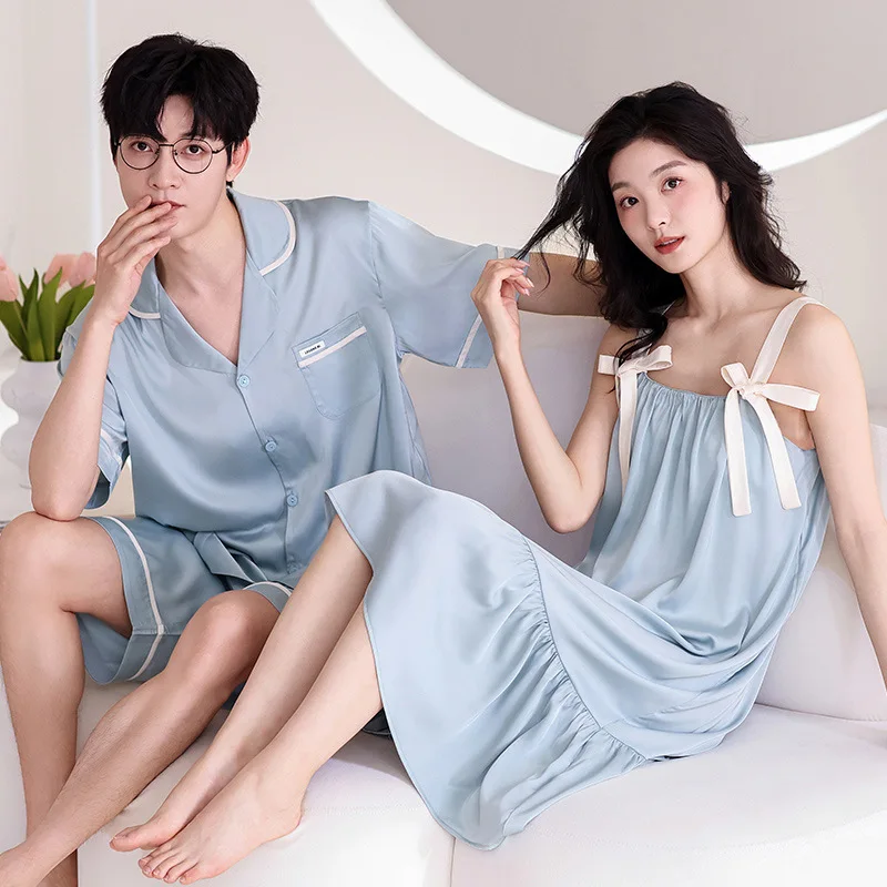 Couple Pajamas Women Summer Nightdress Men's Cardigan Short sleeve Pijamas Suit Young Boy Girl Homewear 2024 Ice Silk Loungewear