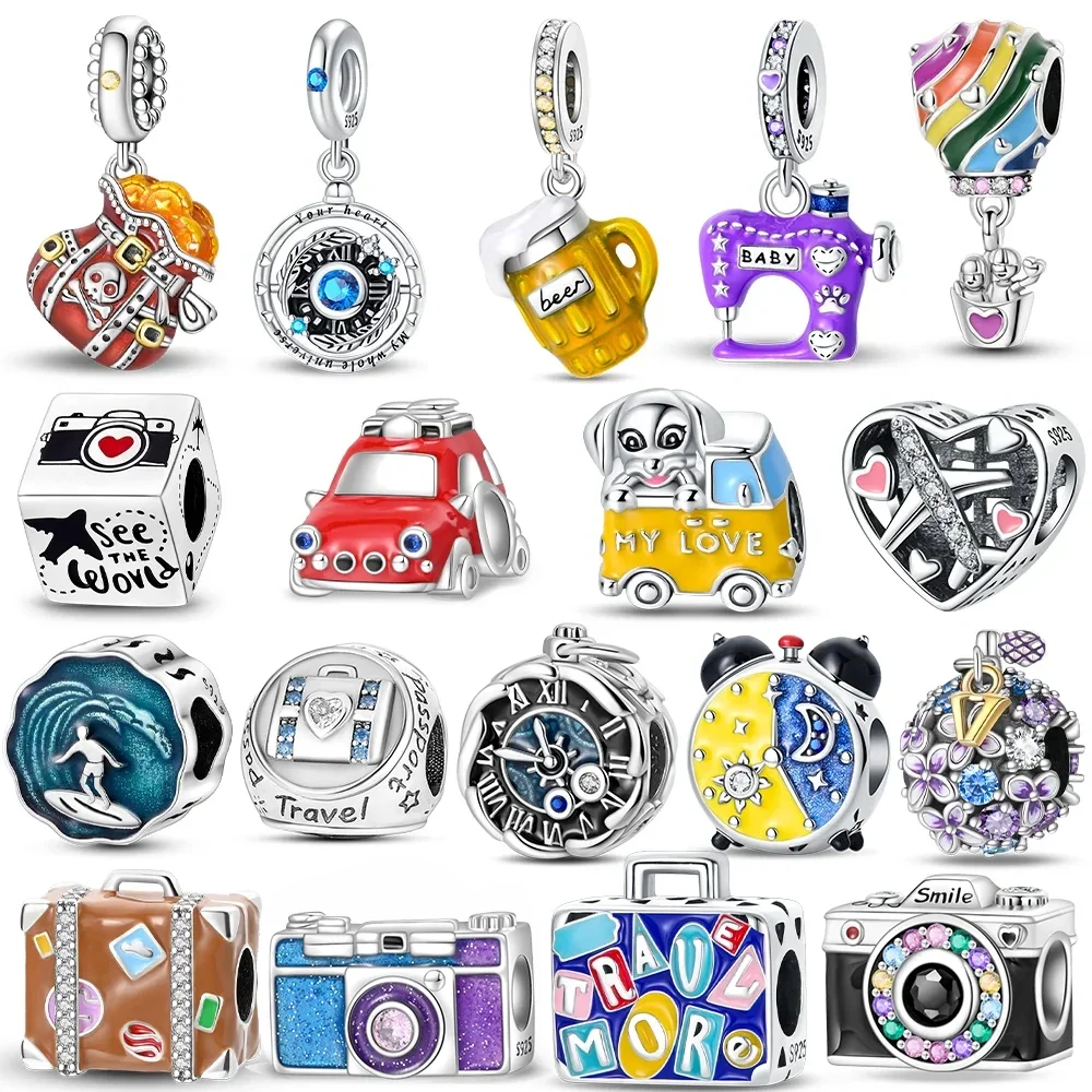 Travel Theme Camera Car Clock Silver Plated Beads Original Charms Fit Bracelets Bag Keychain Charms DIY Women Gift Accessory