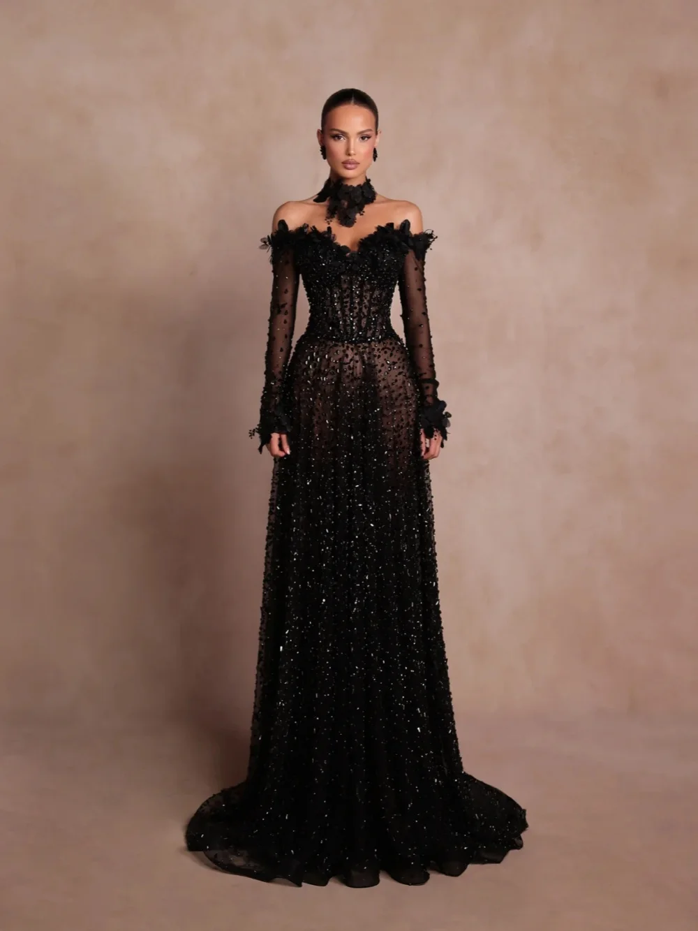 Black Dazzling Crystal Evening Dress Elegant A-line 3D Floral Wedding Party Gown New Customized Long Opulent Red Carpet Gowns