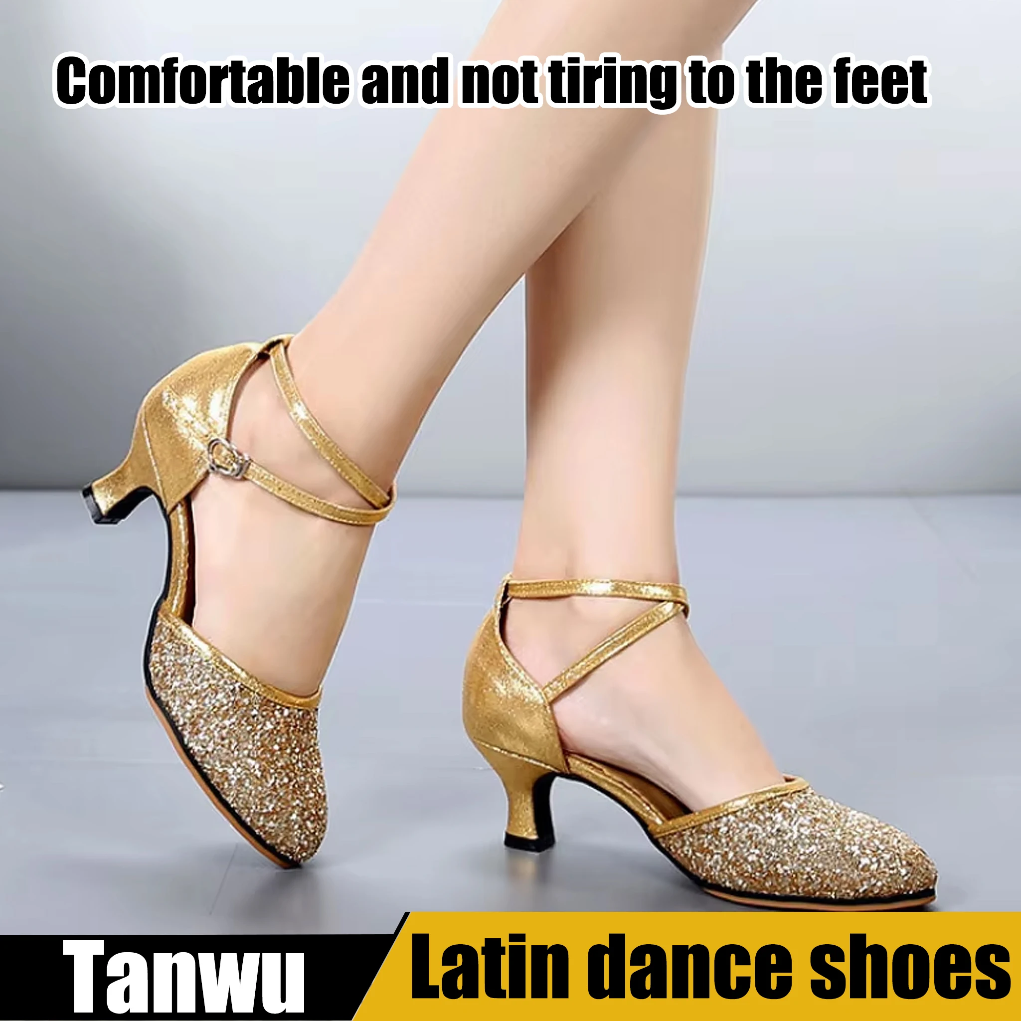 Scarpe da ballo latino per adulti con tacco medio da donna con superficie lucida e suola morbida, scarpe da ballo da sala e pratica di danza quadrata, comode