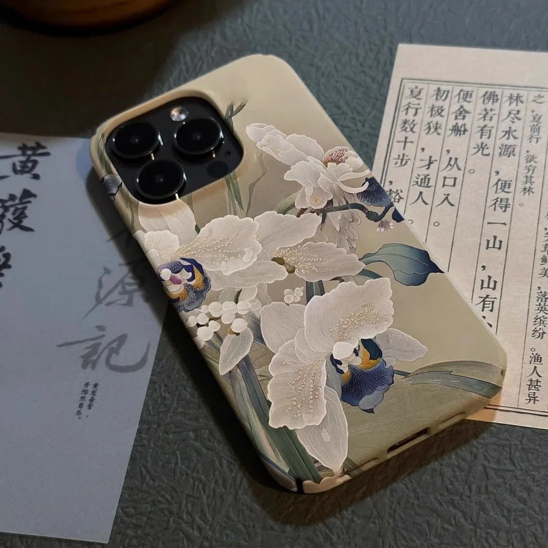 أنيقة التقليدية الصينية اللوحة رائعة زهرة بيضاء جراب هاتف آيفون 16 15 14 11 12 13 برو ماكس زائد الغطاء الخلفي