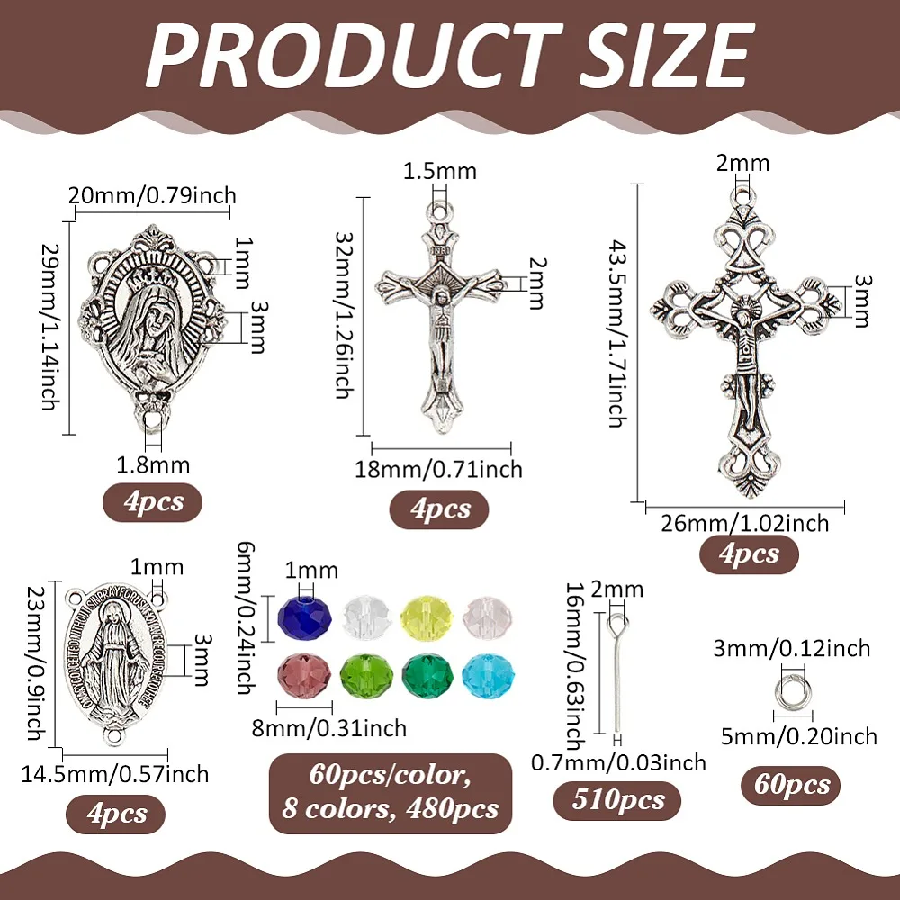 

DIY Rosary Beads Making Kits include Glass Beads Iron Eye Pin Jump Rings Style Alloy Pendant Links Mixed Color 8x6mm
