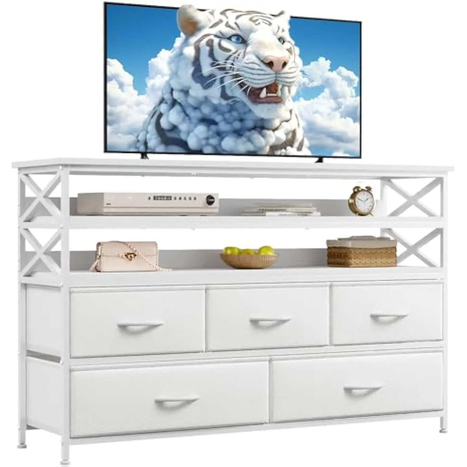 

White Dresser Tv Stand for 50 Inchtv, Sturdy Dresser for Bedroom with 5 Fabric Drawers and Wood Open Shelves, Dressers & Chest