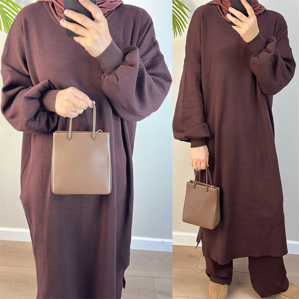 Conjunto de 2 piezas de suéter Abaya musulmán para mujer, traje a juego, Vestido largo de punto grueso con pantalones, traje modesto islámico, Otoño e Invierno