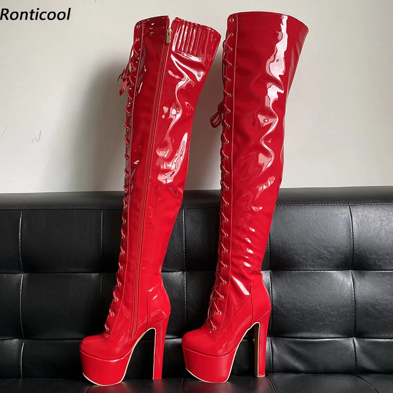Ronticool New Handmade Women Thigh Boots Unisex Stable High Heels Round Toe Pretty Red Black White Night Club Shoes Us Size 5-16