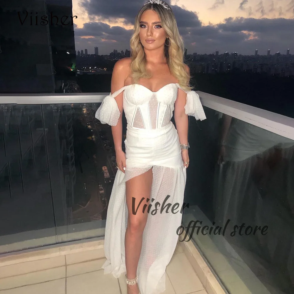 

Viisher Sexy Off Shoulder Wedding Party Dresses Side Split Illusion Corset Sweetheart Bridal Gowns Beach Evening Prom Dress