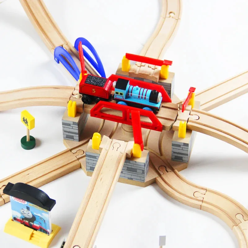 

TEMIKIDS Luxury Four Directions Multifunction Rotating Upper And Lower Bridge Traffic Hub Wooden Track Train Sets Accessories PD