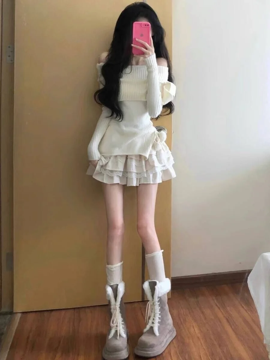 ชุดเซ็ตสองชิ้น ฤดูใบไม้ร่วง ฤดูหนาว ใหม่ล่าสุด เอวสูง สไตล์บริสุทธิ์ กระโปรงทรงเค้ก ดีไซน์หวาน  เสื้อไหมพรมเปิดไหล่ข้างเดียว กระโปรง  เสื้อและกระโปรง