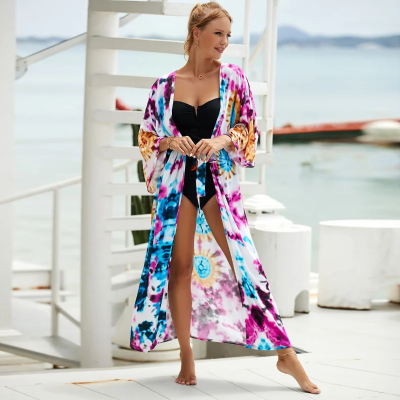 Kimono largo para mujer, teñido anudado elegante con traje de baño, trajes de playa con frente abierto, traje de baño, cubierta de bikini