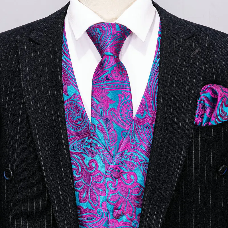 Barry Wang Silk Mens Vest Dress Purple Paisley Solid Slim Waistcoat Suit Tie Hanky Cufflinks Formal Business Sleeveless Jacket