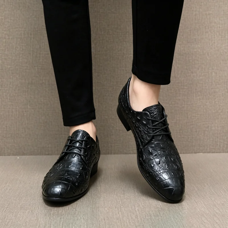 Mens Formal Look - Erkek Siyah Timsah Desenli Oxford Ayakkabı,