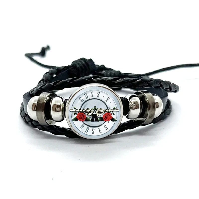 Latest Guns N Roses Rock Band Bracelet Punk Guns and Roses Band Logo Print Glass Gem Handmade Multilayer Braided Bangle Gift