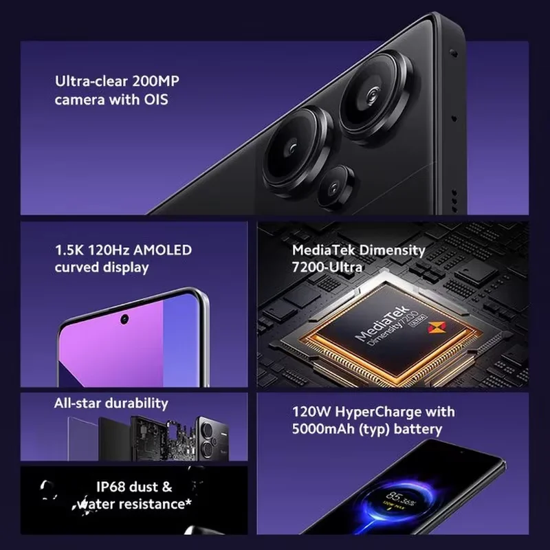 Xiaomi Redmi Note 13 Pro Plus 5G Глобальная версия 256 ГБ/512 ГБ MediaTek Dimensity 7200-Ultra 6,67 дюйма 3D-изогнутый дисплей 1,5 К 120 Гц, 1