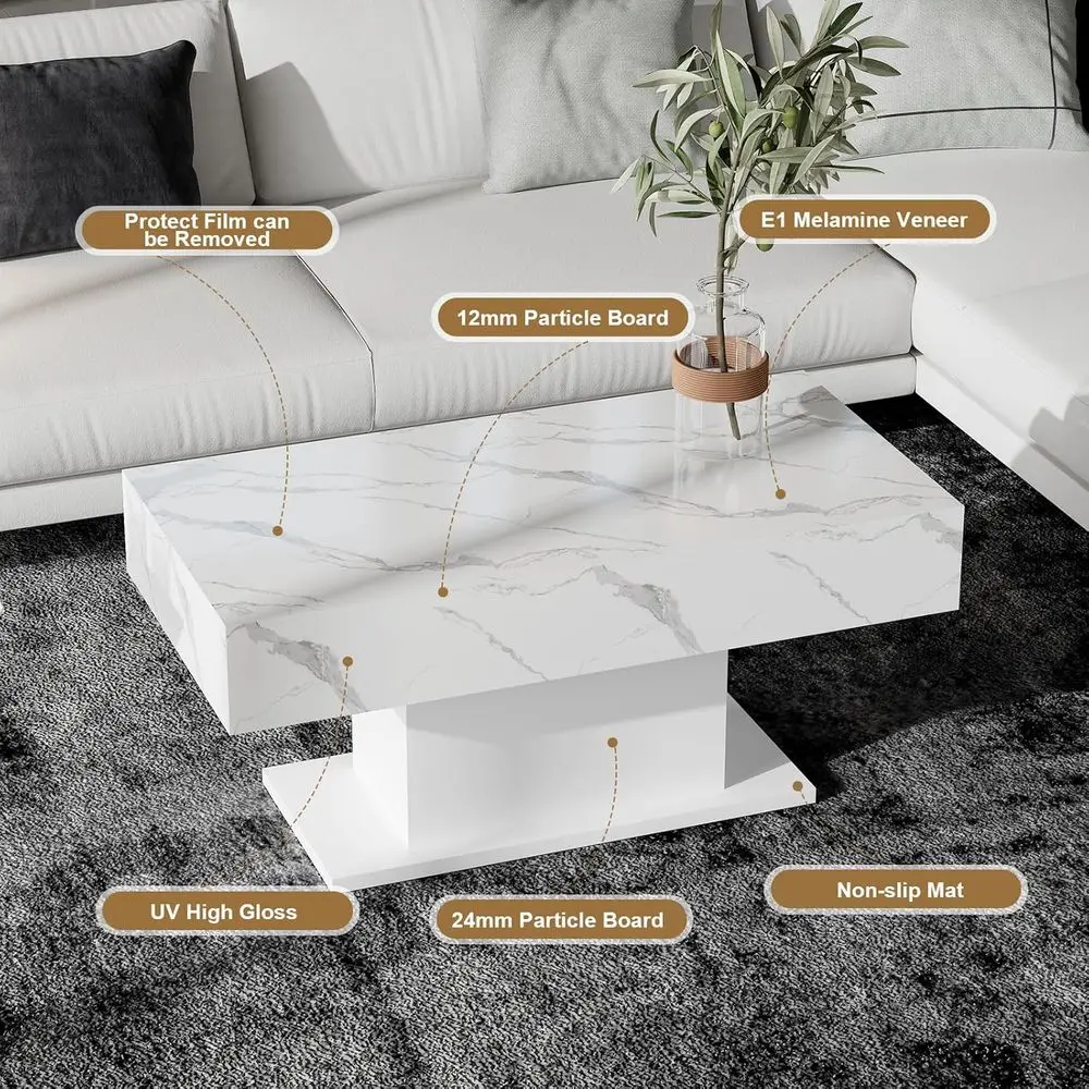 Modern Rectangular LED Coffee Table with 16 Color Options for Living & Dining Rooms, White Marble Top