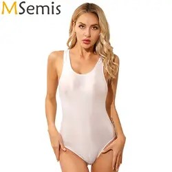 Womens Glossy Stretchy Bodysuit Swimwear One-Piece Swimsuit Sleeveless U Neck Racer Back Leotard Skinny Jumpsuit Gym Fitness