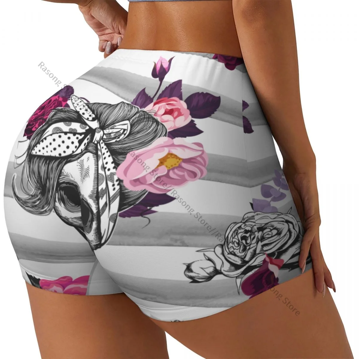 Women Yoga Shorts Skull Roses And Stripes Workout Shorts Fitness quick-dry Ladies Yoga Gym Running Short Pants Sportswear