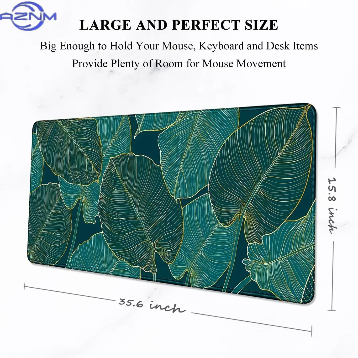 Dark Green Golden Outline Tropical Leaves Large Desk Mat, Nature Plant Gaming Mouse Pad