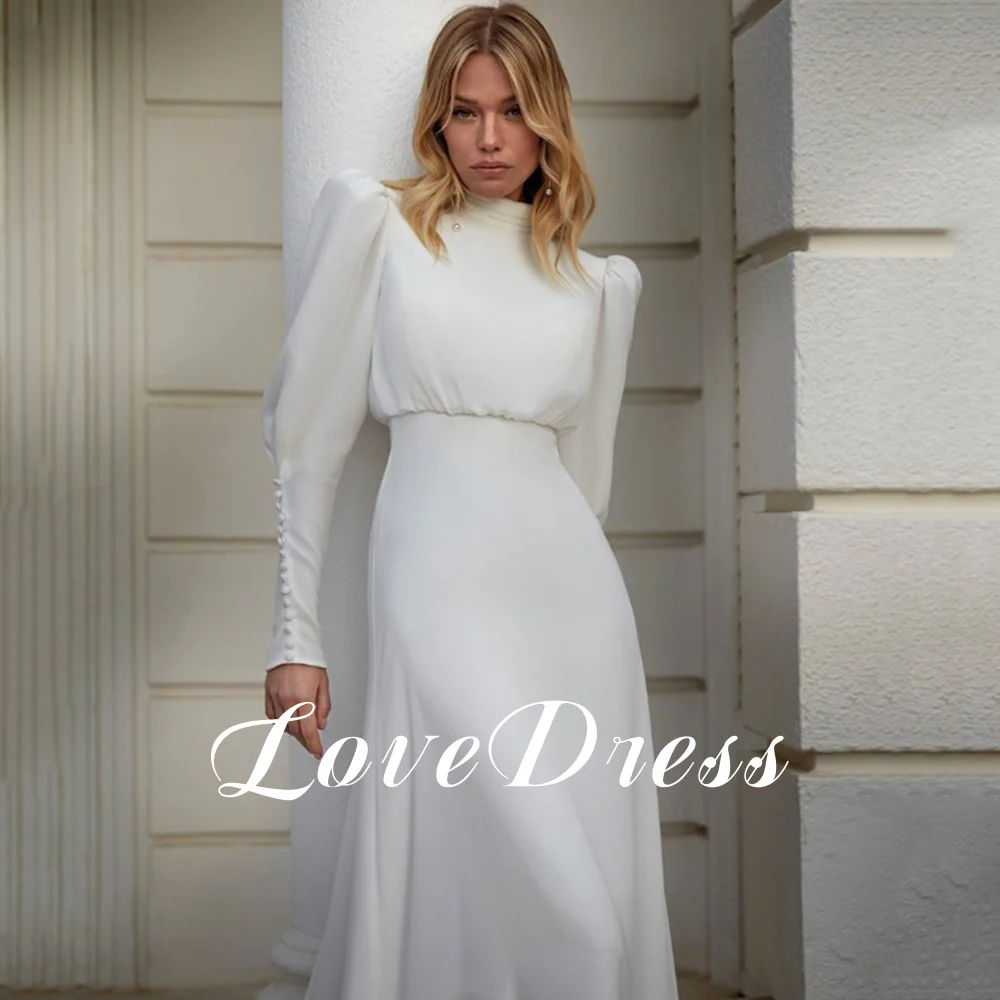 Modern High Neck White Chiffon Wedding Dress For Women Long Lantern Sleeve Pleats Elegant Sheath Bride Gown Button Sweep Train