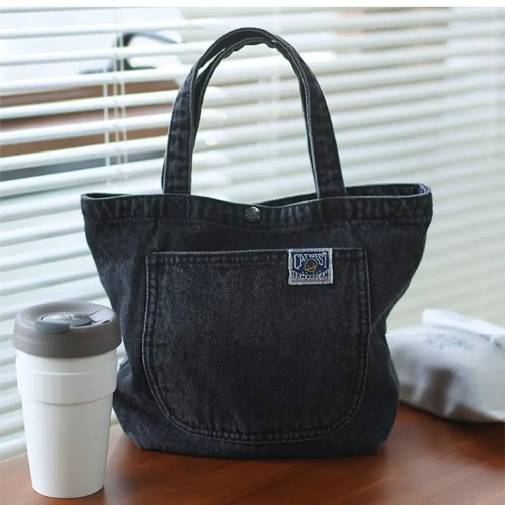 Washed Denim Lunch Bag Creative Food Storage Large Capacity Tote Bag Black Outdoor Handbag