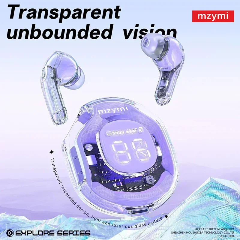 

mzymi T8 New Wireless Earphone LED Digital Display Bluetooth5.3 Earbuds Fashion Transparent Headphone With Charging Case