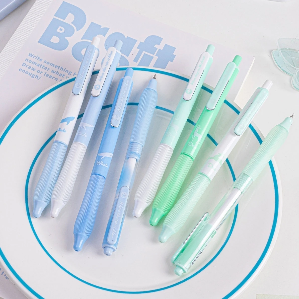 4pcs Experience Nature Gel Ink Pens Set, Forest Deer & Sea Whale Design Silent Structure 0.5mm Ballpoint Black Color A7874