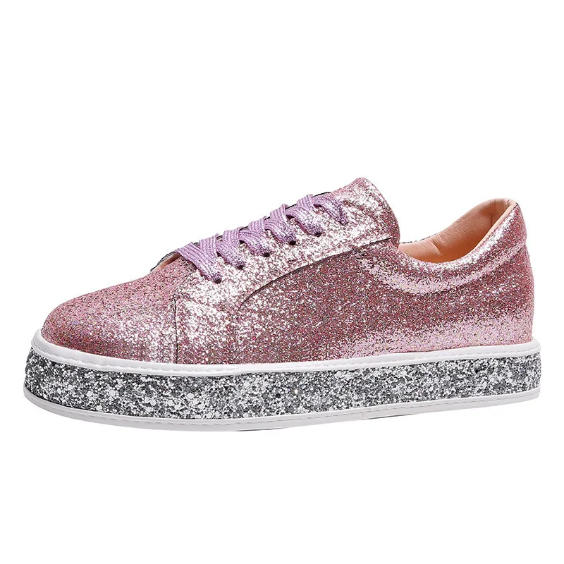 2024 Spring New Sequined Lace-Up Sneakers Women's Heightened Rhinestone Lace-Up Shallow Mouth Large-Size Women's Shoes