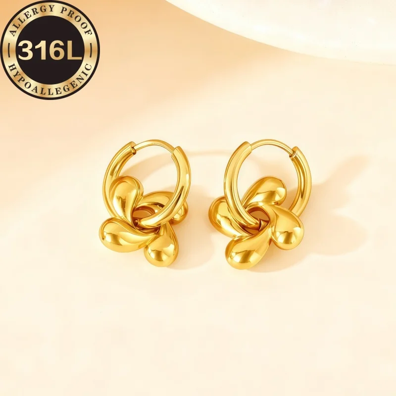 316L stainless steel hypoallergenic Golden earrings, four-leaf flower shape, anti-fading, suitable for skin-friendly