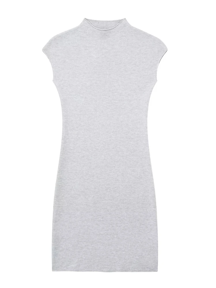 TRZA Damesmode stretch gebreide mini-jurk Vintage hoge hals mouwloze vrouwelijke jurken vestidos mujer