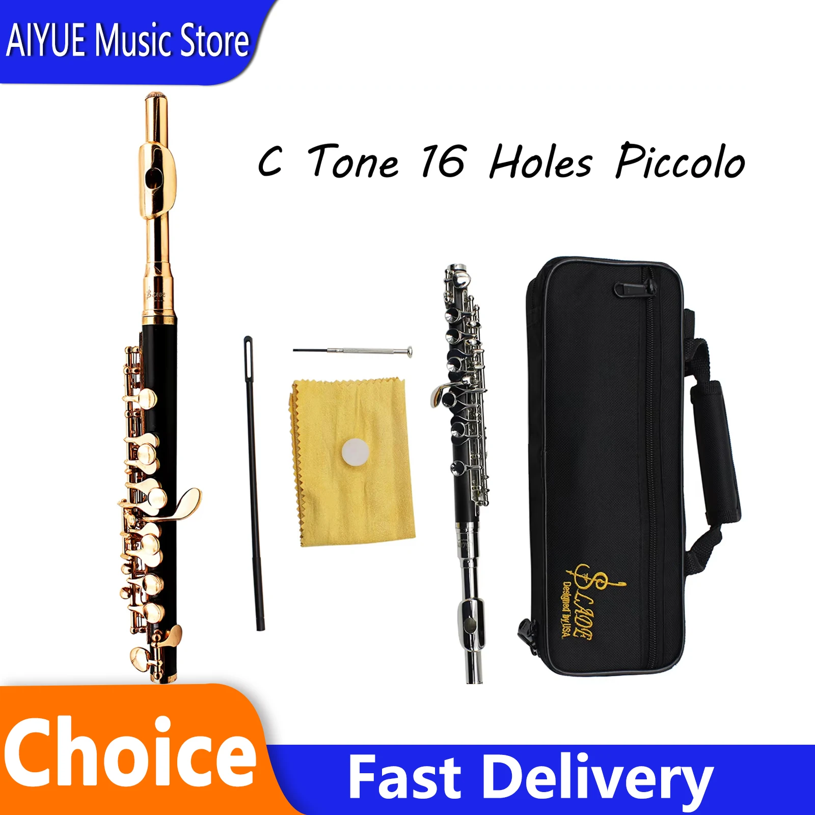 SLADE C Tone 16 Holes Piccolo Golden Silver E Key Cupronickel Body Piccolo Professional Piccolo With Parts Woodwind Instrument