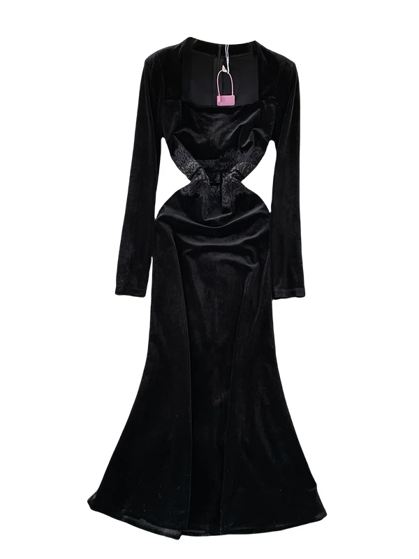 Hebe Sle Ele Velluto Wrap Dr con giunture in pizzo Inverno Slim Fit Fi Tail Abito a vita alta Lungo Sve Ci Pendolarismo Dr