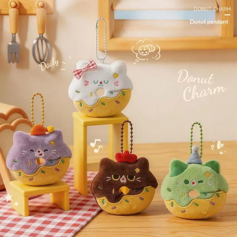 Little Cat Donut Cat Plush Keychain Soft Plush Furry Design Cute Cat Keychain Cartoon Design Dopamine Style Bag Pendant