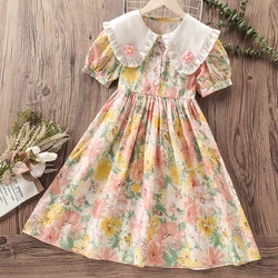 Summer Cute Kids Floral Dresses for Girls Clothes Baby Outfits Cotton Teenagers Short Sleeve Children Costumes 4 6 8 9 12 Years