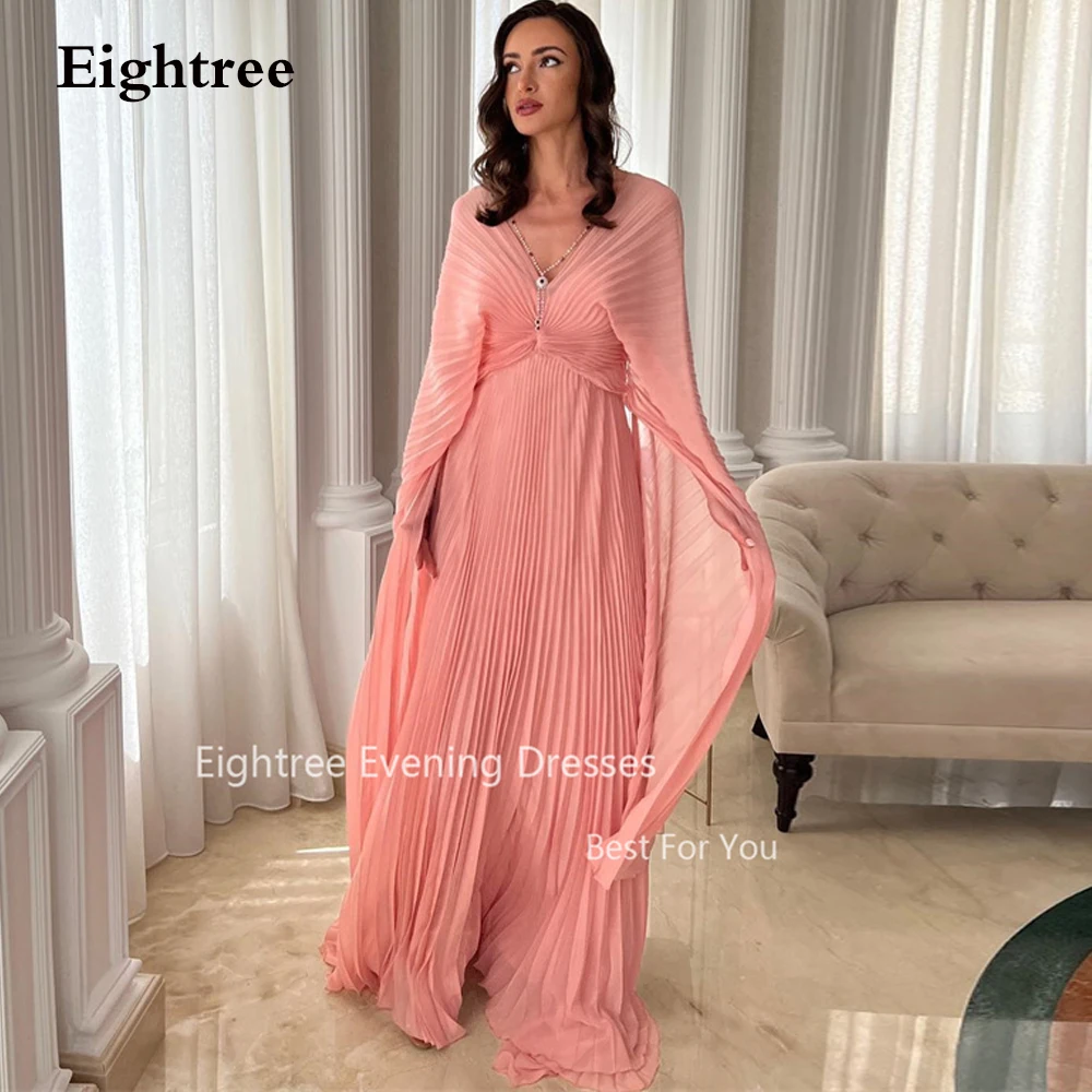 

Eightree Sexy Light Pink Chiffon Arabic Evening Dresses V Neck Beach Celebrity Paty Dress Prom Cape Shawl Formal Event Gowns