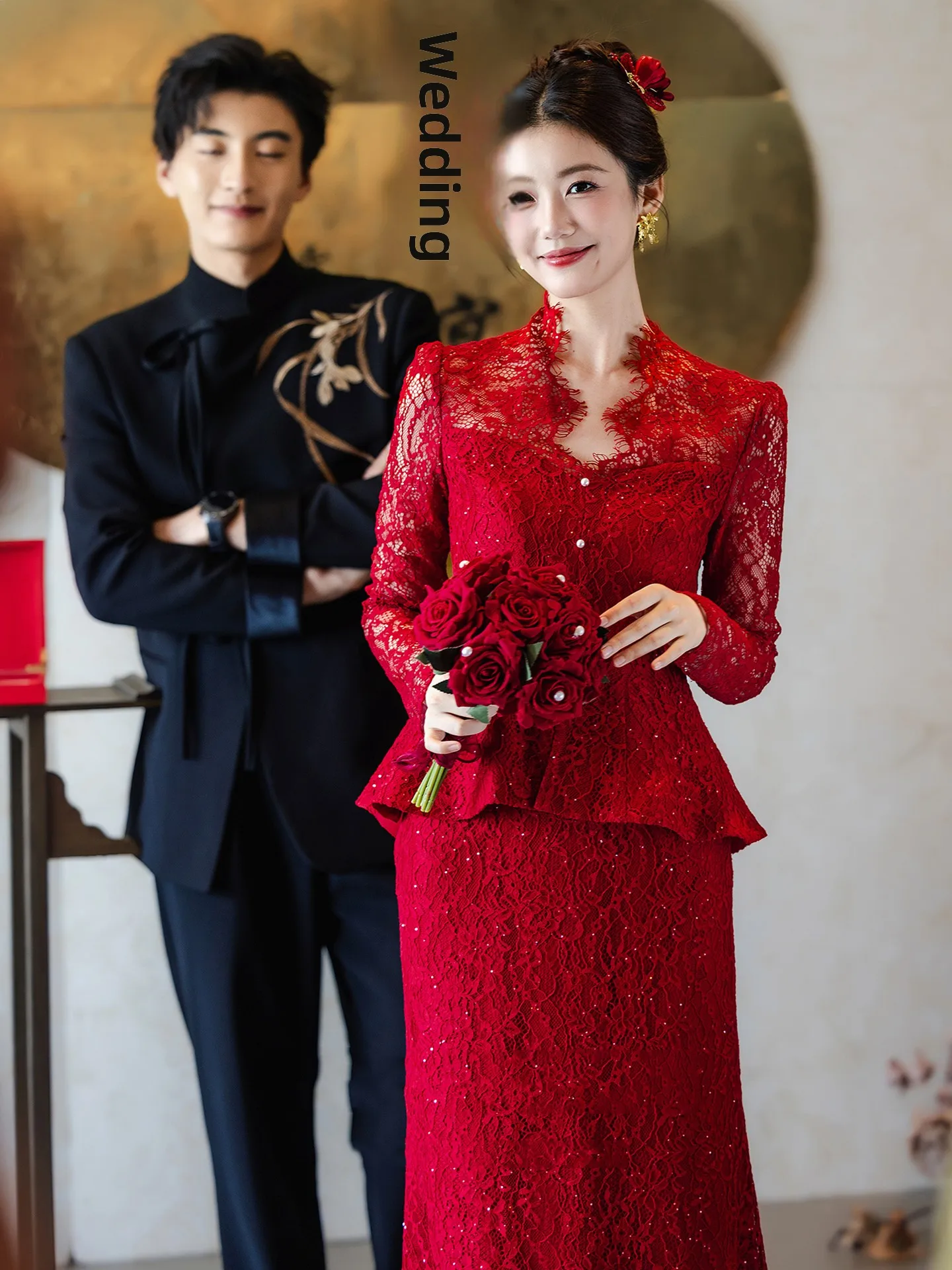 

Элегантное облегающее свадебное платье в китайском стиле для помолвки, с завышенной талией, А-силуэт, длинный рукав, глубокий V-образный вырез, вечернее платье