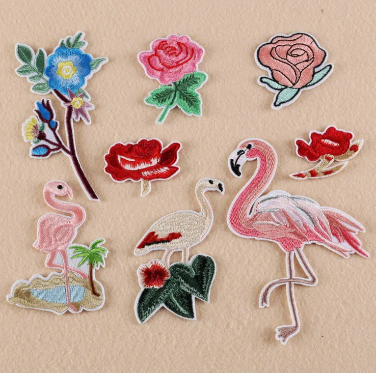 2017 New arrival 10 pcs Flowers Pink Flamingo Birds Embroidered patches iron on cartoon Motif Applique hat clothing accessory