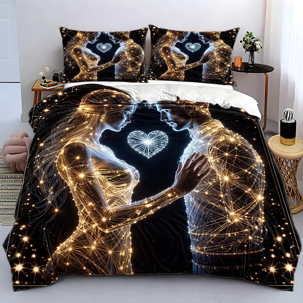 2D ultra-soft digital print duvet cover set, includes three-piece set with pillowcase and duvet cover, Love, Valentine's Day gift, anniversary gift, does not include filling, the fabric is soft and comfortable, suitable for bedrooms, hotels, famous hotels, and school dormitories. 1*duvet cover + 1/2 pillowcase