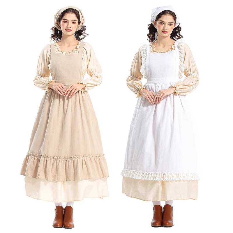 Umorden literário retro renda plissado avental longo gorro para mulheres adulto peregrino menina fazenda aldeia pioneiro empregada traje algodão linho