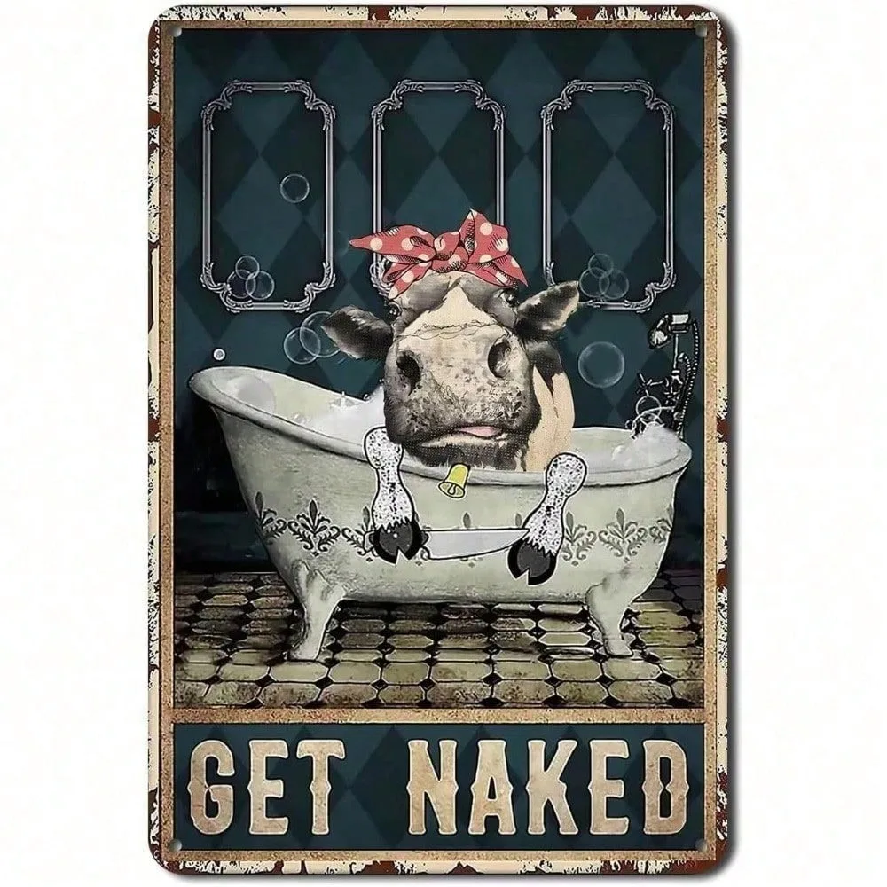 

Retro Cow Bathroom Sign Funny Farmhouse Metal Tin Wall Decor Rustic Quote Bathtub Theme