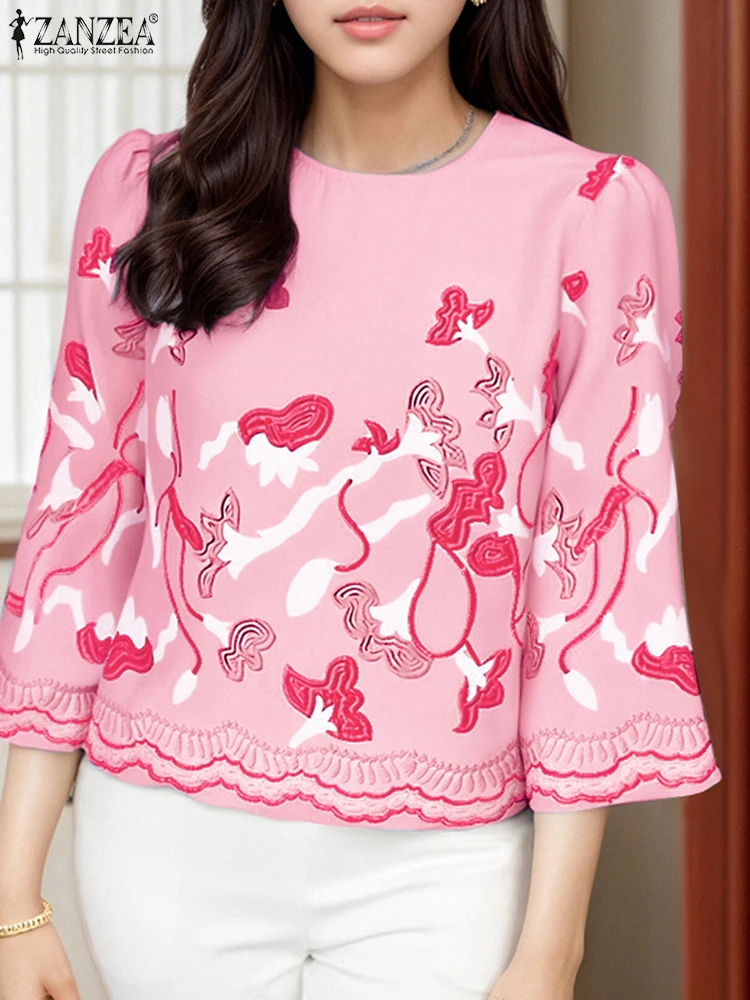 Zanzea 2025 verão blusa feminina manga bufante túnica topos moda o pescoço estampa floral casual solto blusas boêmias camisas de férias