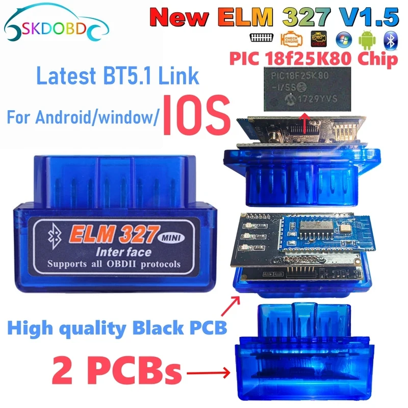 1-5pcs  Mini ELM327 V1.5 for IOS Android Bluetooth 5.1 Auto  Scanner OBD2 Black 2PCB Car ELM 327 Tester Diagnostic Tool