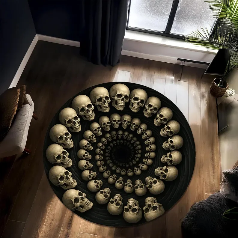 Gothic Lava Skull Round Rug Soft Non-Slip Horror Themed Area Rug Glowing Skull Cracked Stone Design Floor Mat for Game Room
