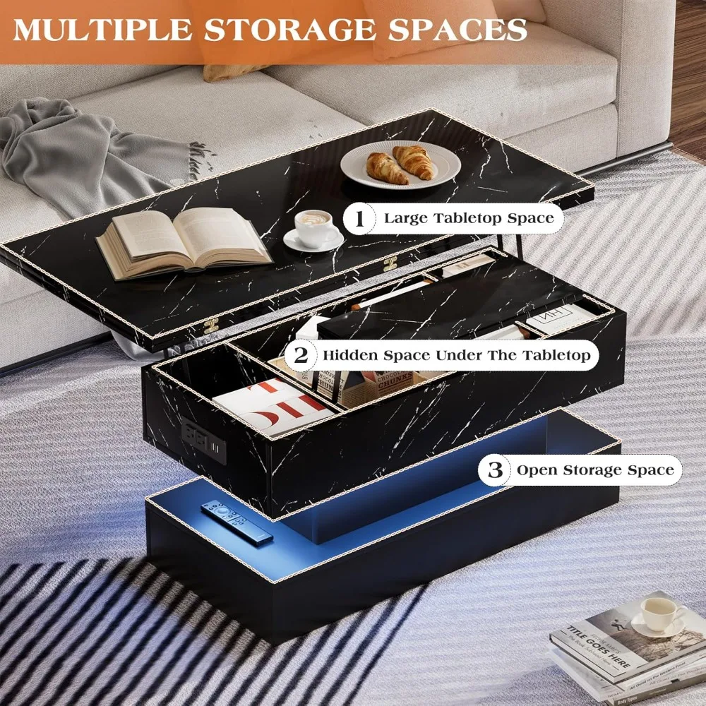 طاولة قهوة قابلة للرفع مقاس 39.4 بوصة مع قاعدة شحن، وطاولة قهوة متعددة الوظائف 4 في 1 مع مساحة تخزين ومقصورات مخفية #5