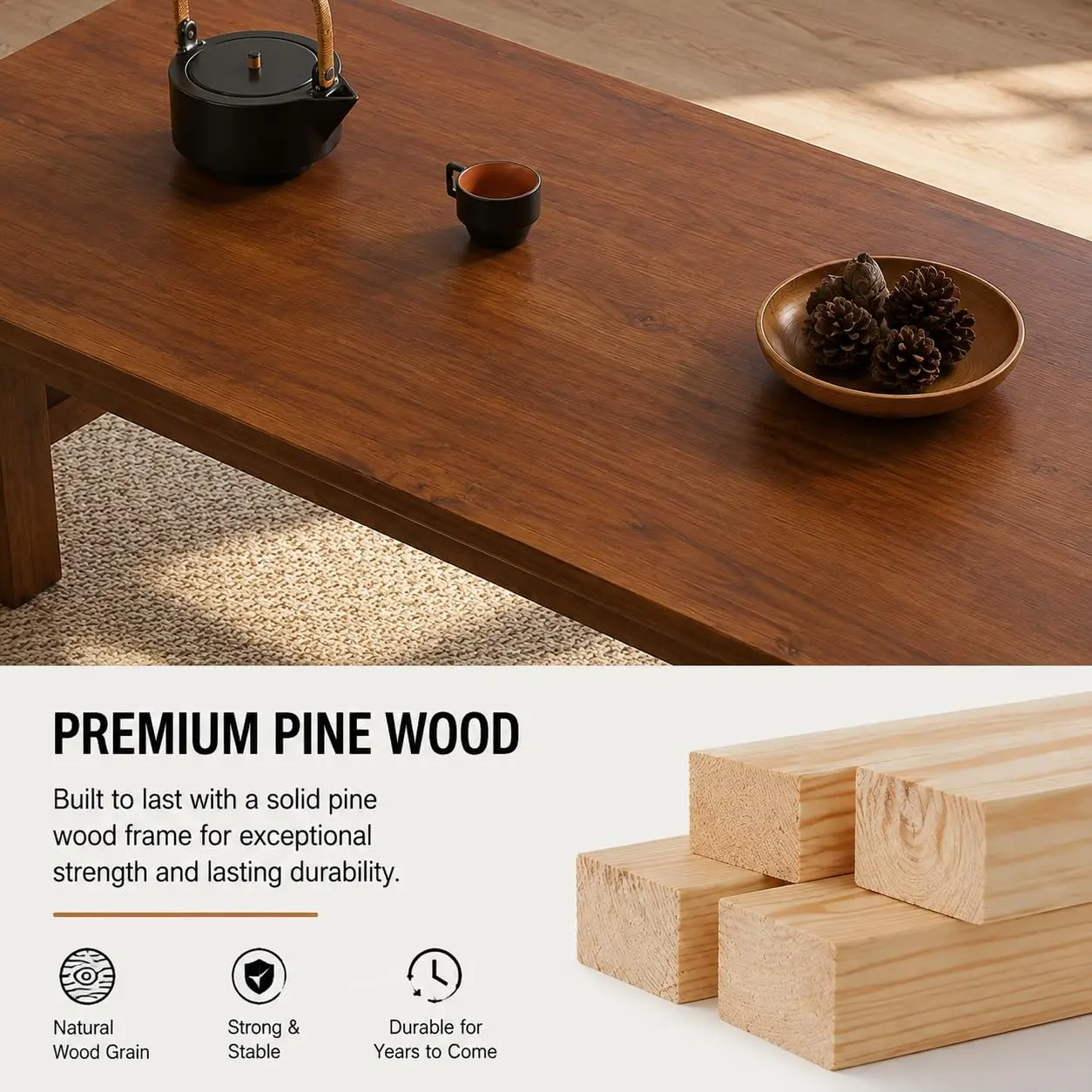 Japanese Solid Wood Low Coffee Table, Extra Thick Tatami Table