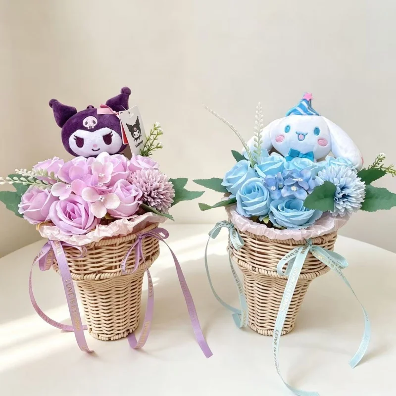 Genuine Sanrio Characters Hellokitty Kuromi Cinnamoroll Plush Dolls With Artificial Flowers Creative Flower Basket Bouquets