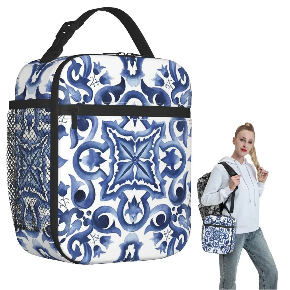 Blue Ornate Floral Mediterranean Sicilian Tile Insulated Lunch Bag for Women Kids Leakproof Food Boxes Thermal Lunch Box Tote